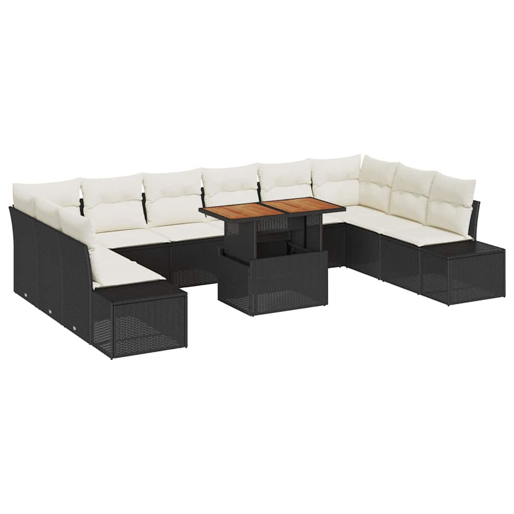 11-piece garden dining set with cushions black poly rattan acacia wood
