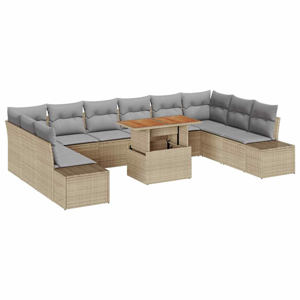 11-piece garden dining set with cushions, sand-coloured, poly rattan, acacia wood
