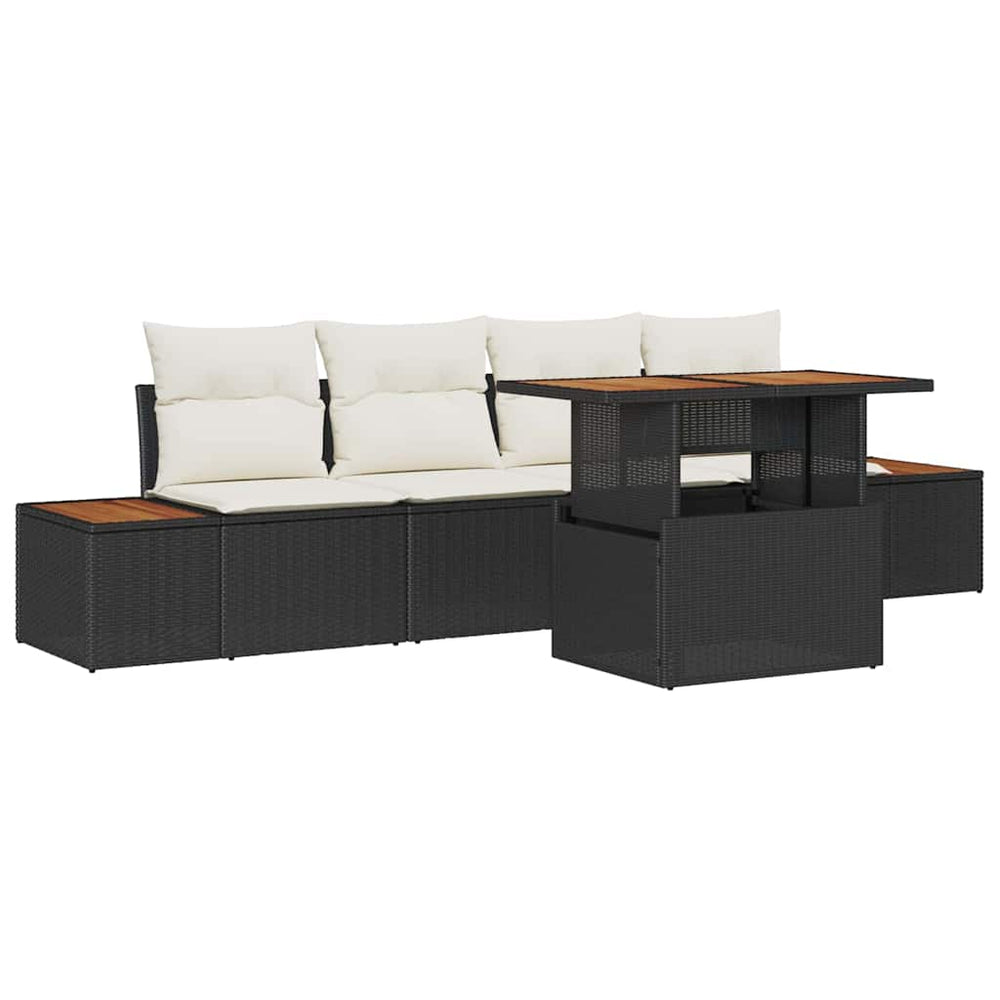 5-piece Garden Dining Set with Cushions, Black Poly Rattan Acacia