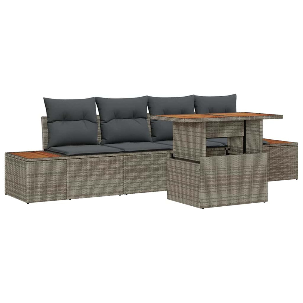 5 Piece Garden Dining Set with Grey Poly Rattan Acacia Cushions