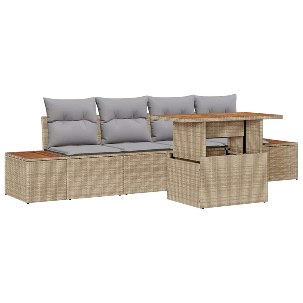 5-piece garden dining set with cushions, sand-coloured poly rattan and acacia wood