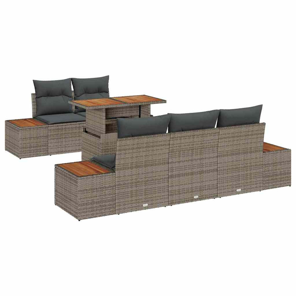 6-piece garden dining set with cushions, grey, poly rattan, acacia wood