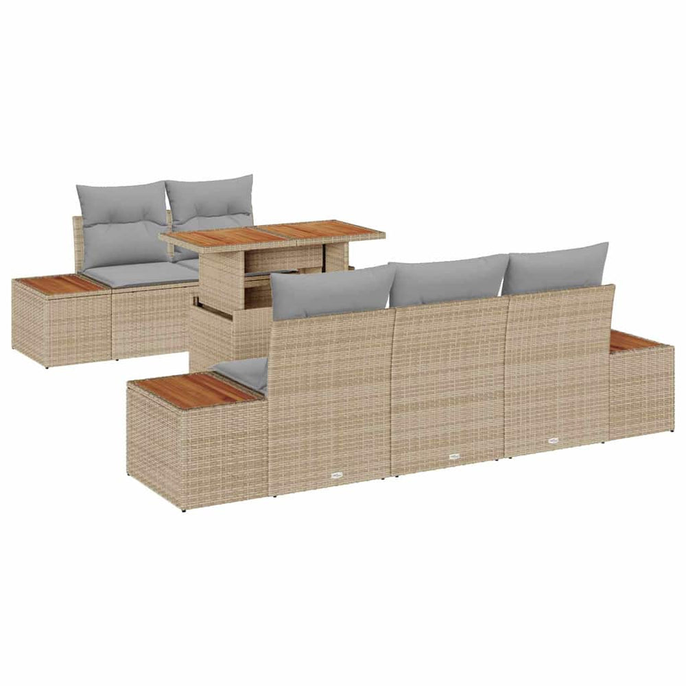 6 Piece Garden Dining Set with Cushions Beige Poly Rattan Acacia Wood.