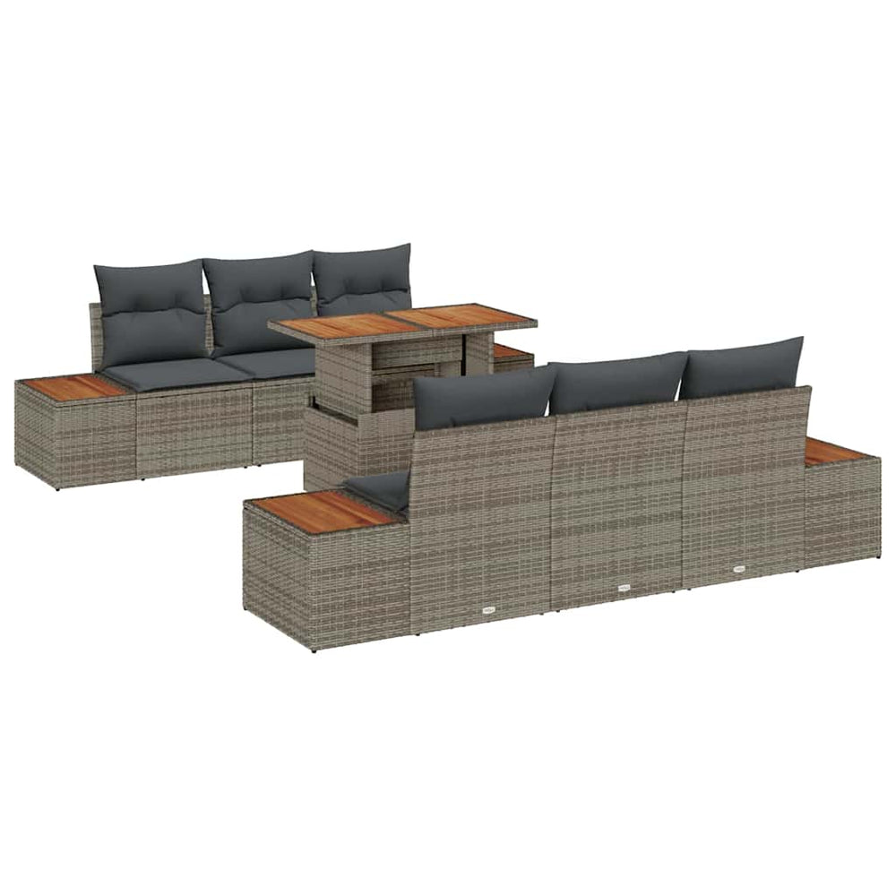 7-piece outdoor dining set with cushions, grey poly rattan and acacia wood