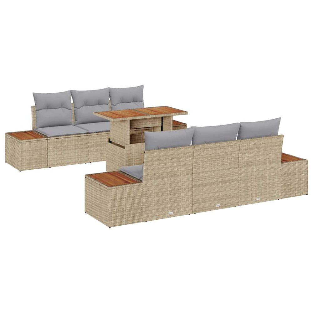 7-piece garden dining set with cushions sand, poly rattan, acacia wood