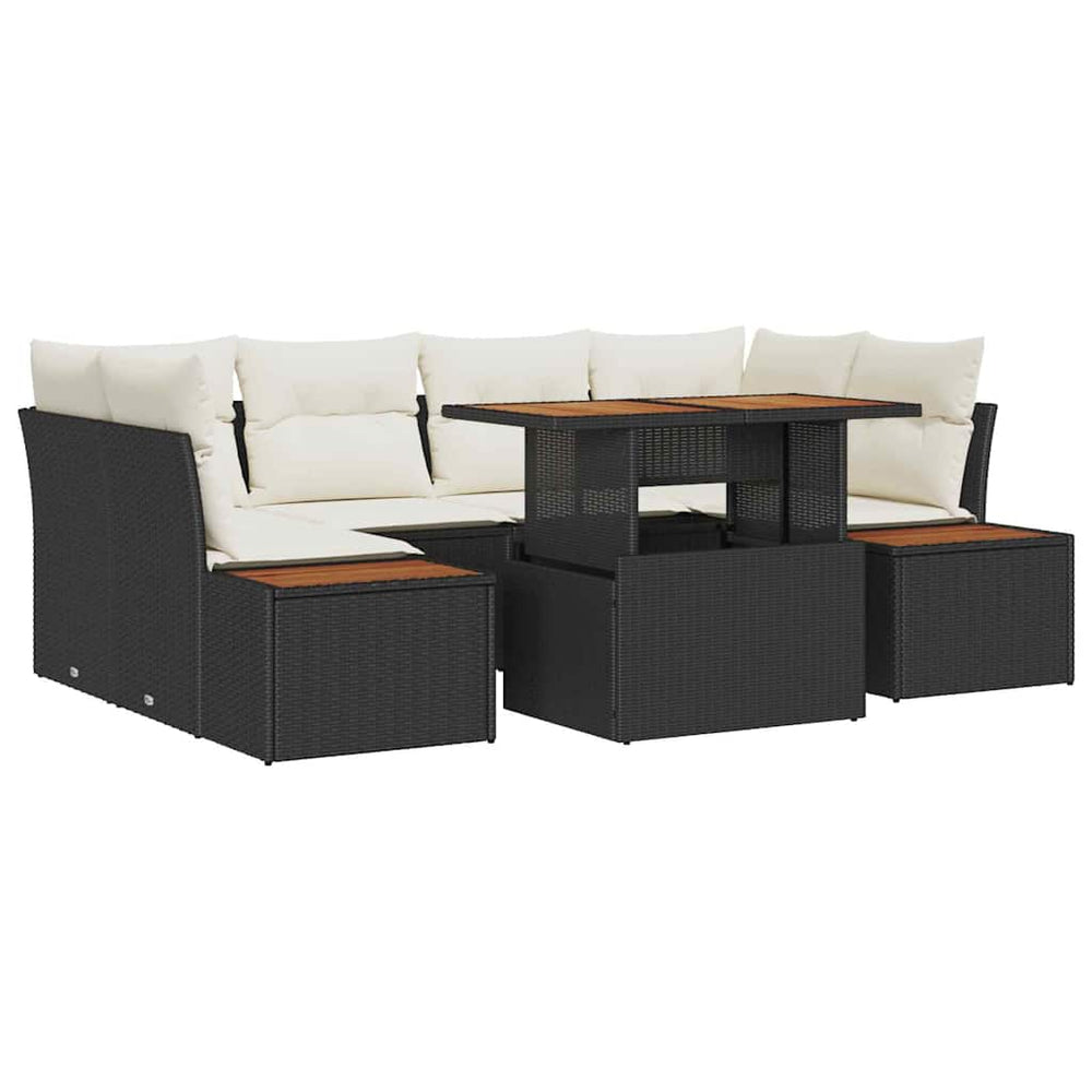 7-piece garden dining set with cushions, black poly rattan, acacia