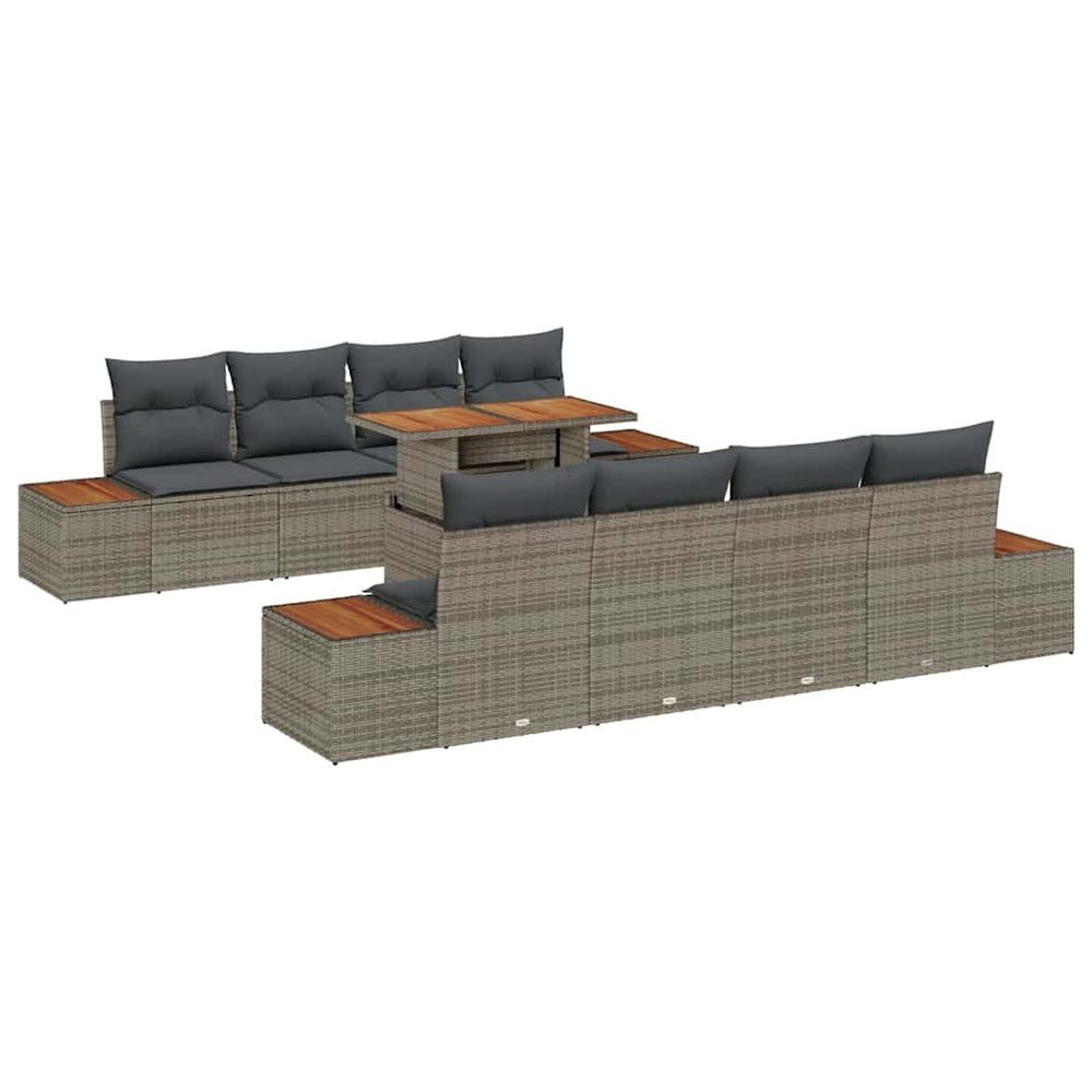 9-piece garden dining set with cushions, light grey poly rattan and acacia wood