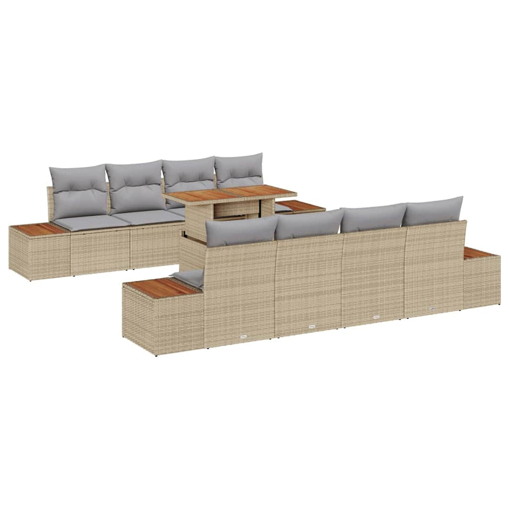 9-piece garden dining set with cushions, beige poly rattan, acacia