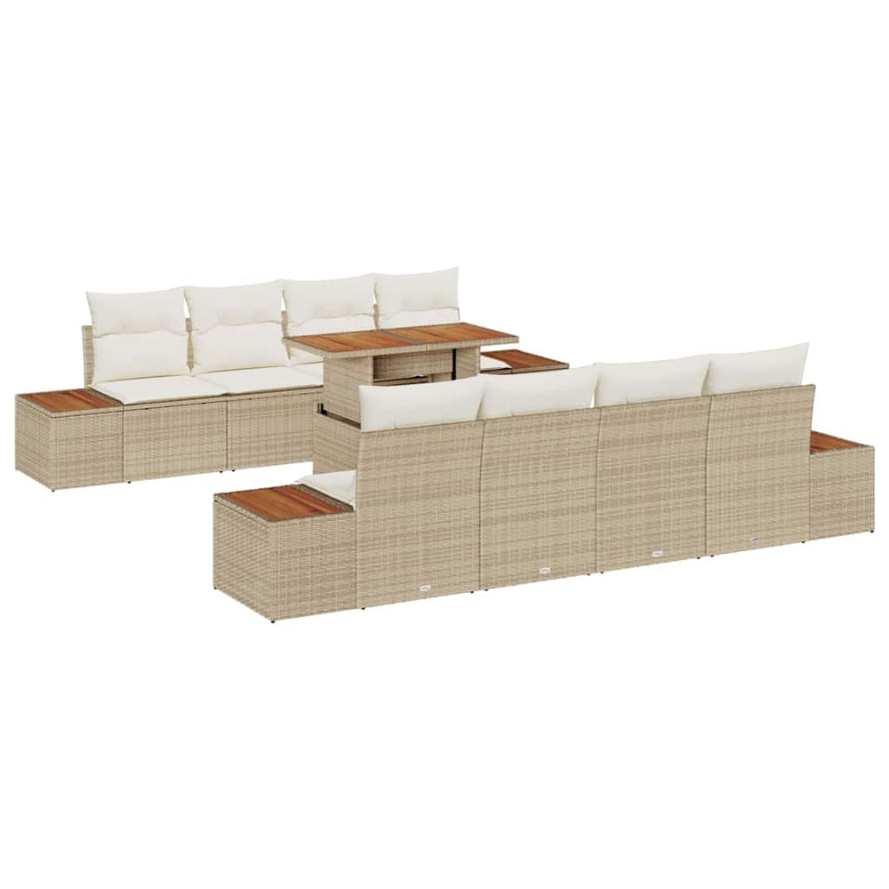 9-piece Outdoor Dining Set with Cushions, Sand Poly Rattan, Acacia