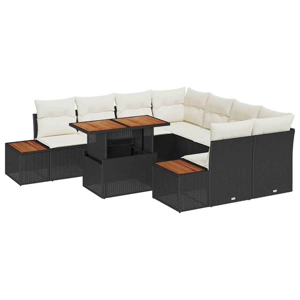 9-piece Garden Dining Set with Cushions Black Poly Rattan Acacia