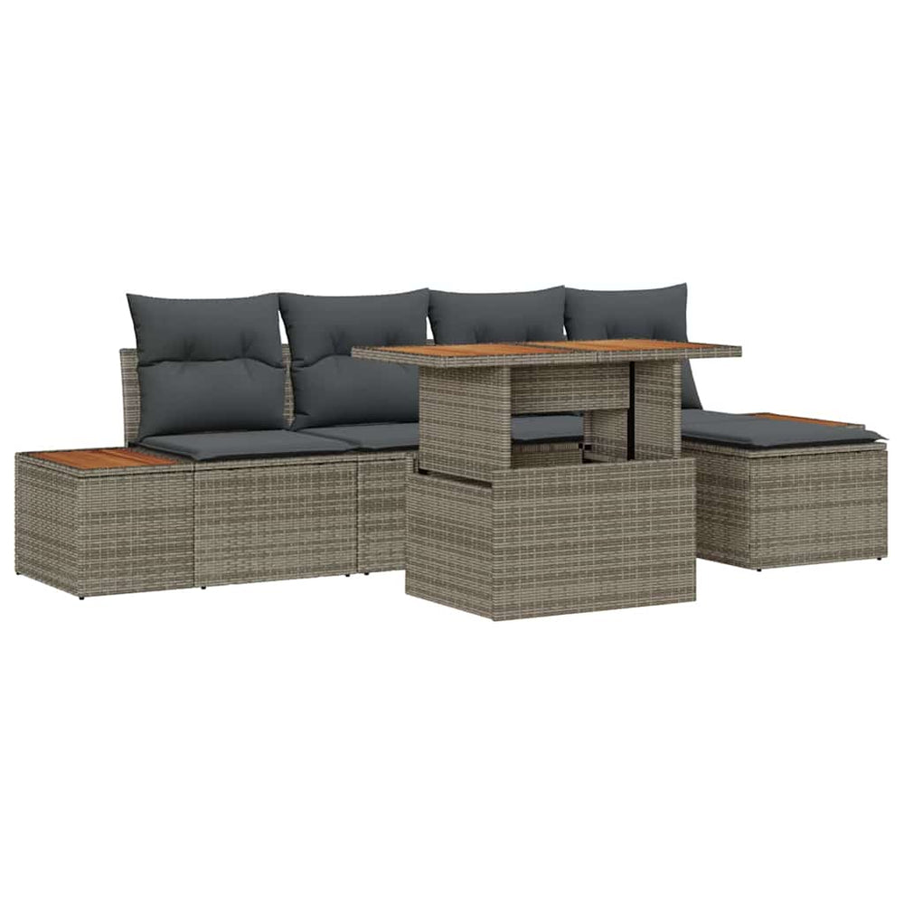 6-Piece Garden Dining Set with Cushions, Grey Poly Rattan, Acacia Wood