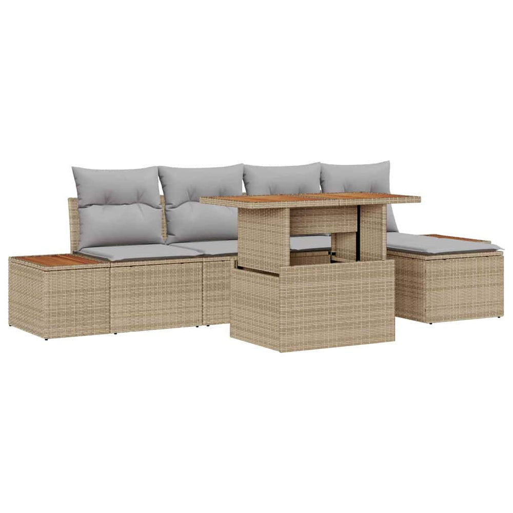 6-piece garden dining set with beige cushions in poly rattan and acacia