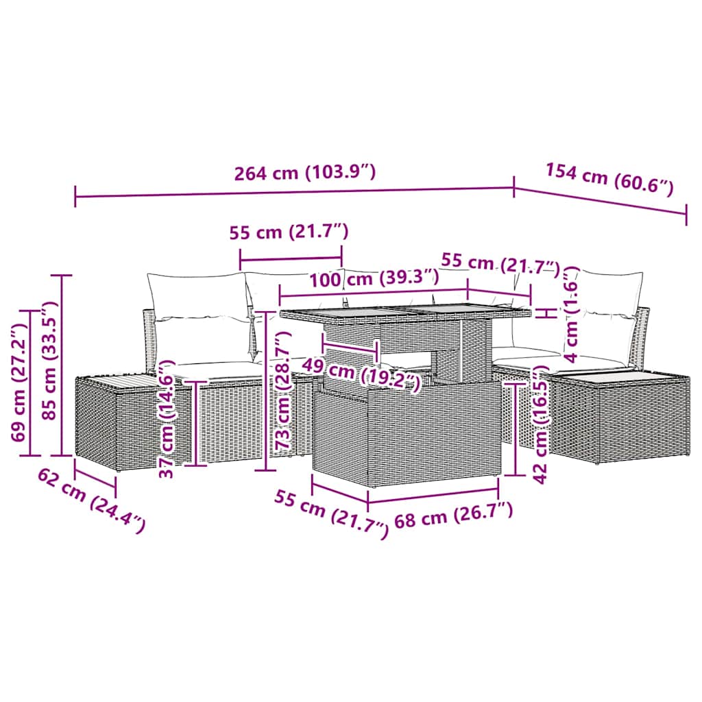 Sodo valgomojo komplektas 6 pcs Pilka ir ruda 100 x 55 x 73 cm