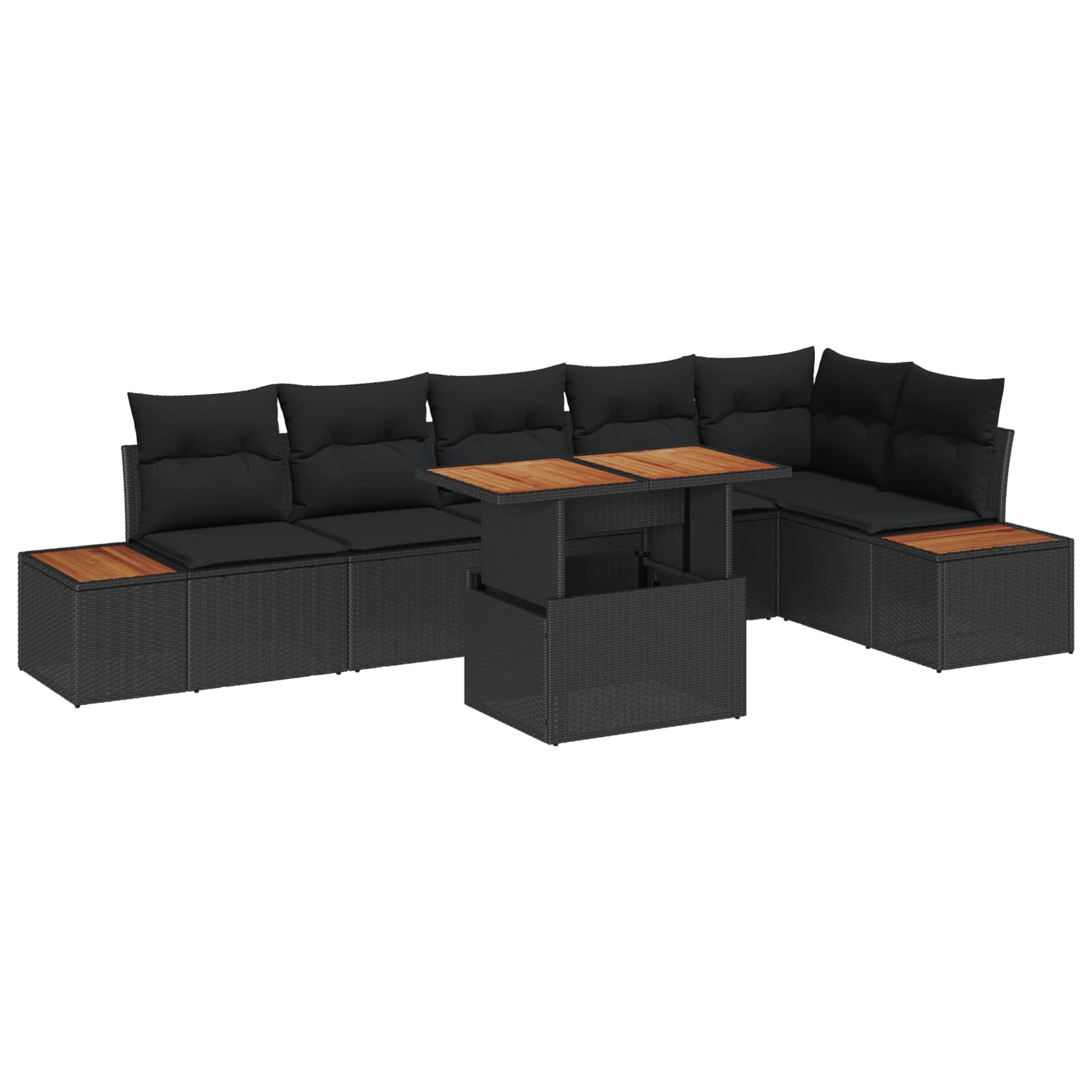 7-piece garden dining set with cushions, black poly rattan and acacia wood
