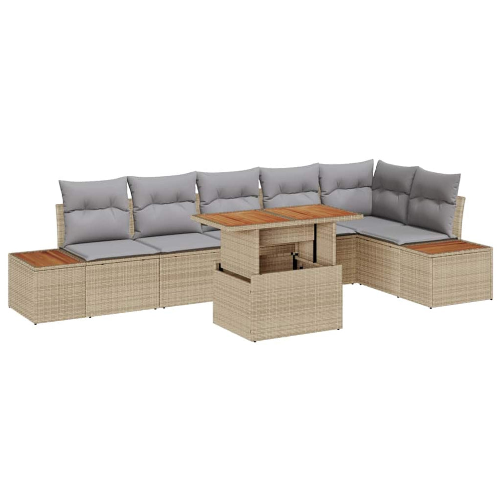 7-piece Garden Dining Set with Cushions, Sand, Poly Rattan, Acacia