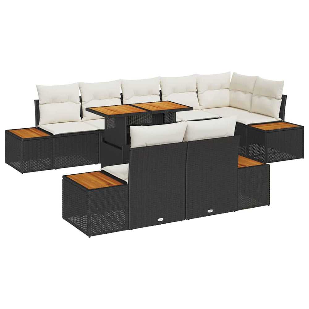 9-piece garden dining set with cushions, black poly rattan, acacia wood