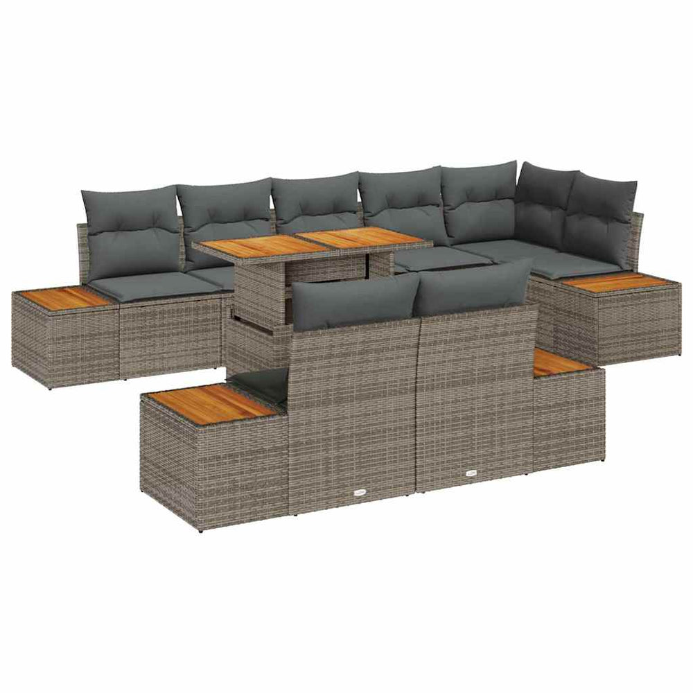 9-piece garden dining set with cushions, grey, poly rattan, acacia