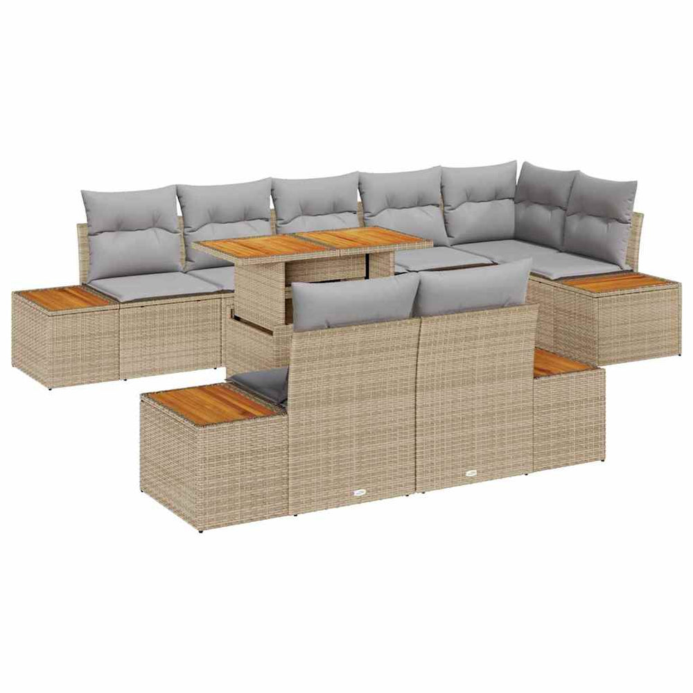 9-piece garden dining set with cushions, sand-colored, made of poly rattan and acacia wood