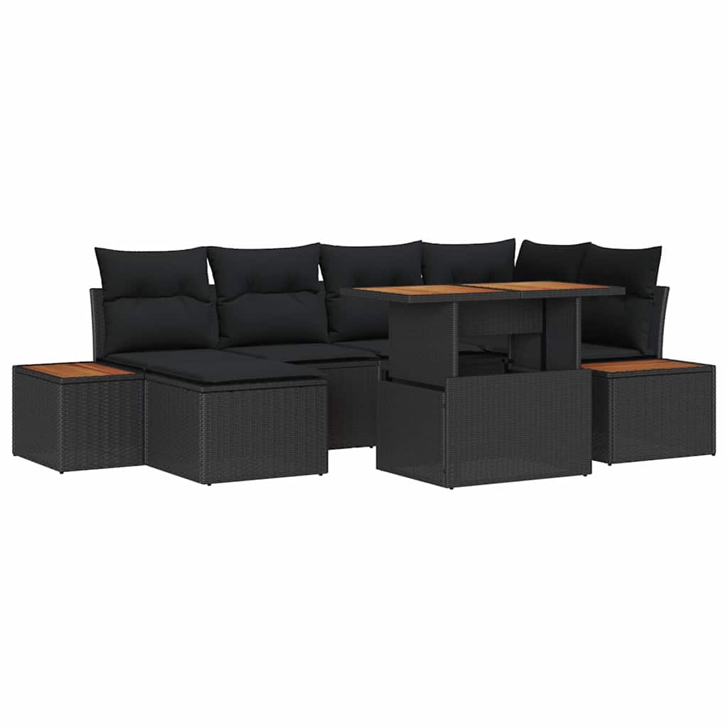 7 dalių sodo valgomojo rinkinys su pagalvėlėmis, juodas poli rattan, akacijos