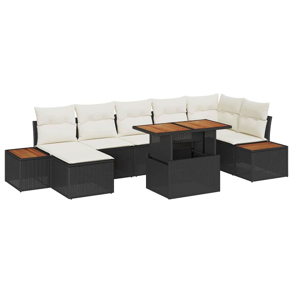 8-piece outdoor dining set with cushions, black poly rattan and acacia wood