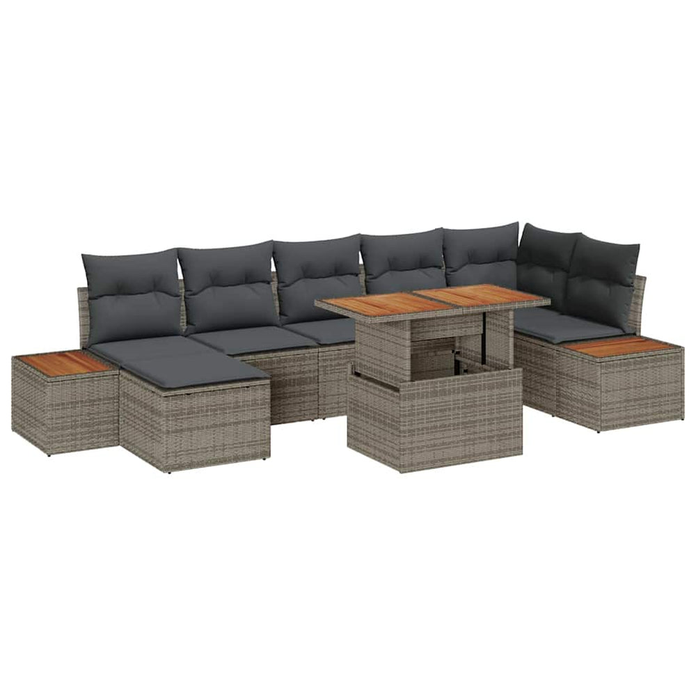8-piece garden dining set with cushions, grey poly rattan, acacia