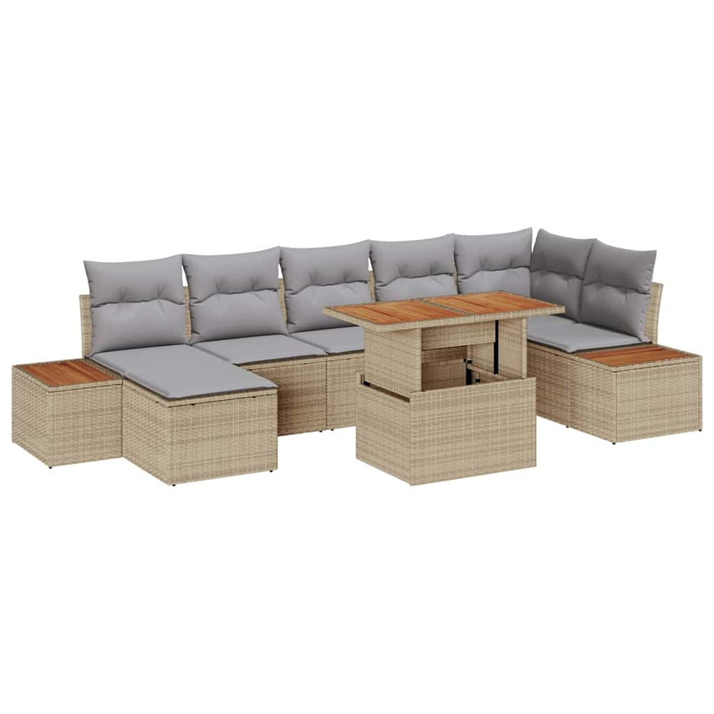 8-piece garden dining set with sand-colored cushions in poly rattan and acacia wood
