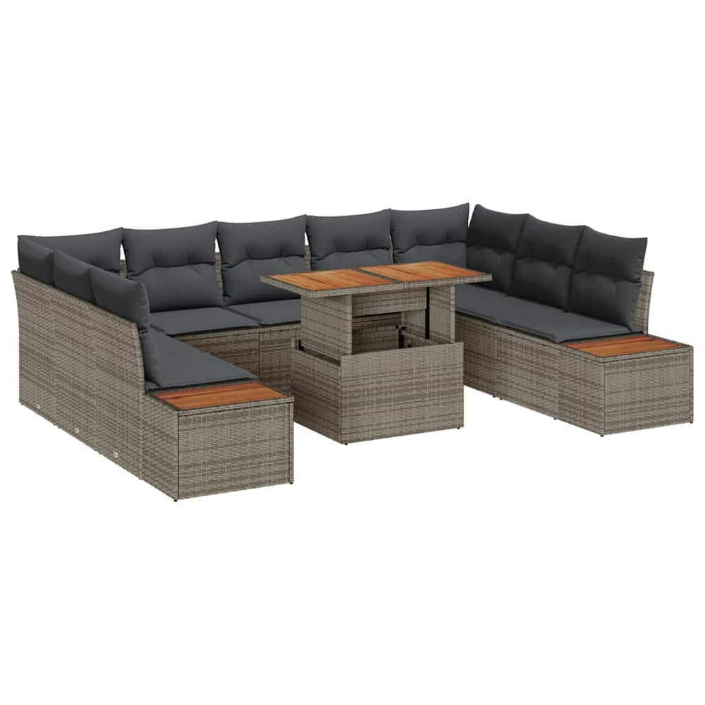 10-piece garden dining set with cushions, grey poly rattan, acacia wood