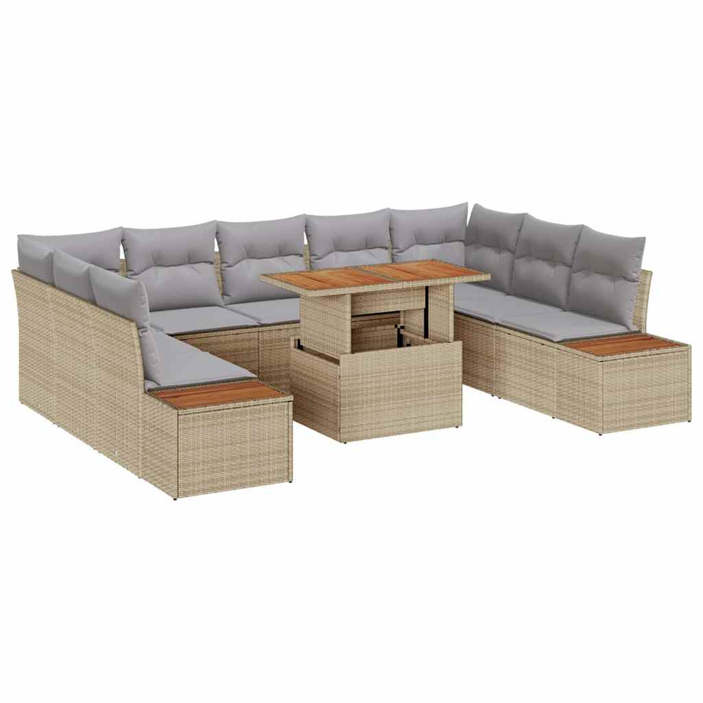 10-piece garden dining set with cushions, sand-coloured poly rattan, acacia wood