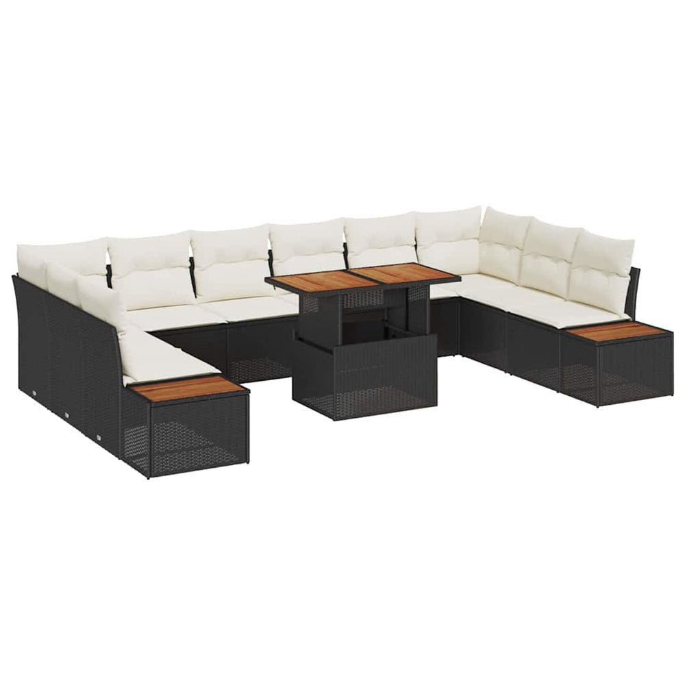 11-piece Garden Dining Set with Cushions Black Poly Rattan Acacia