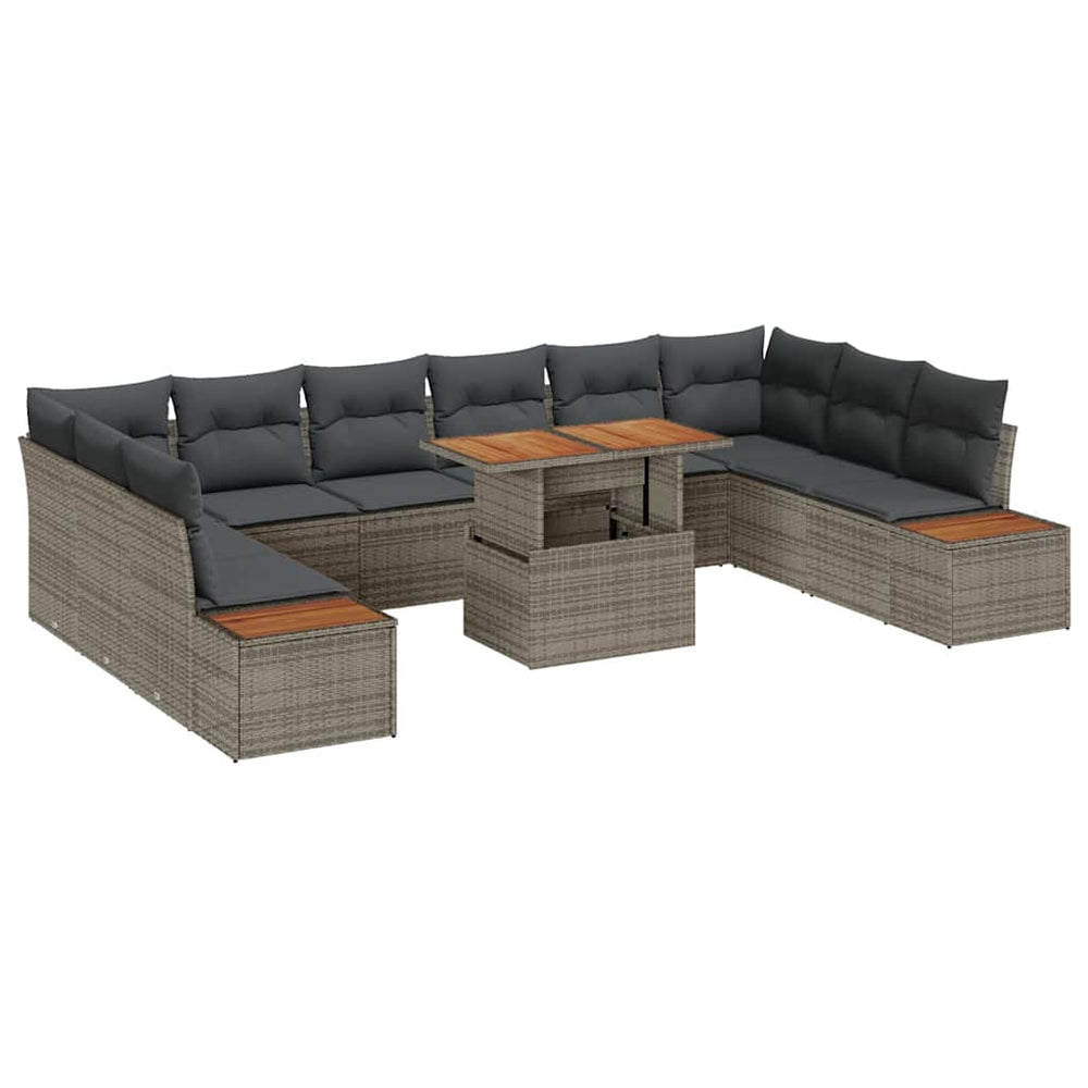 11-piece garden dining set with grey cushions. Poly rattan, acacia.