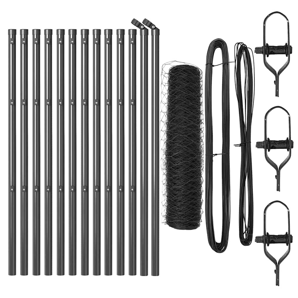 Fence with posts Grey 0.4 x 25 m PVC-coated steel