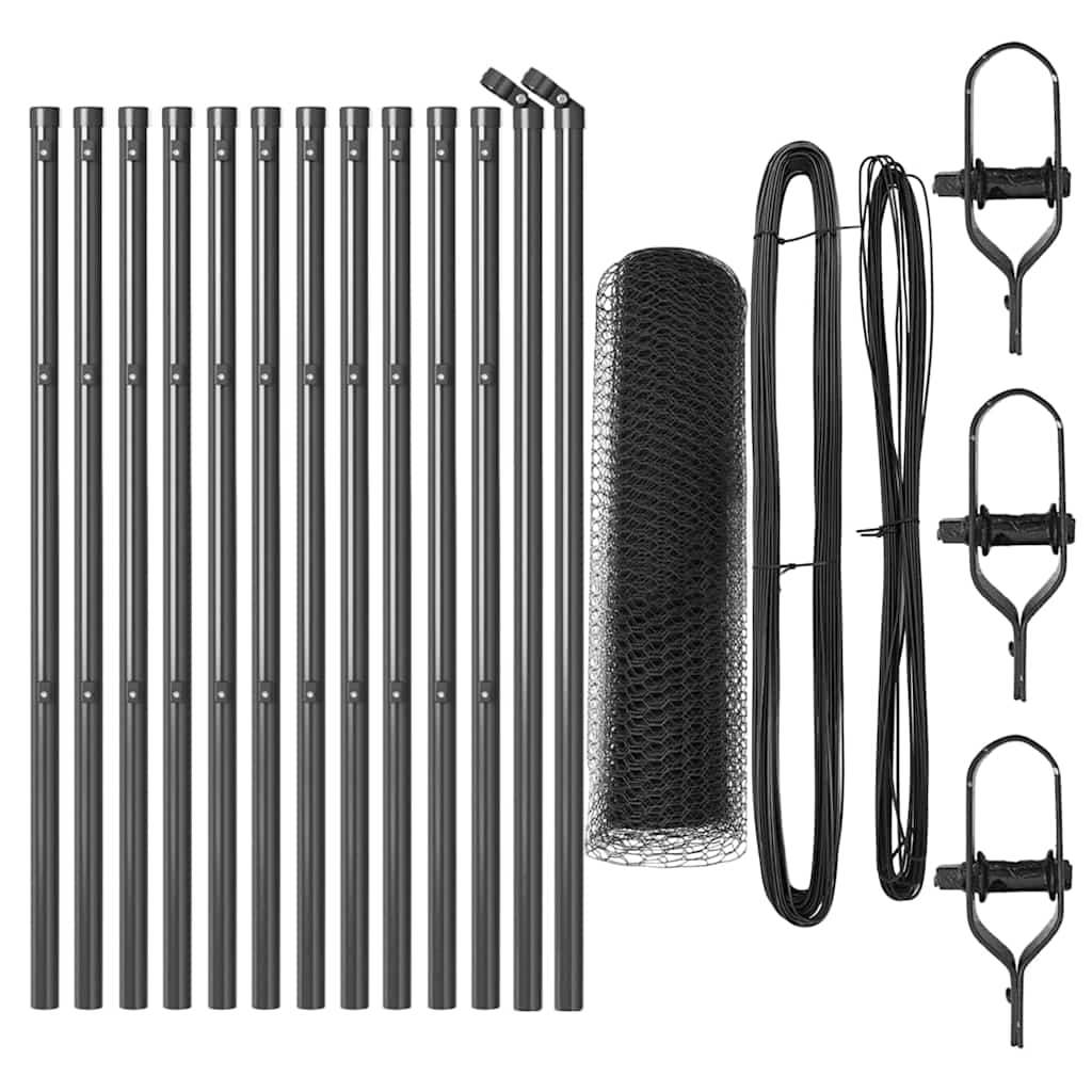 Fence with posts Grey 0.5 x 25 m PVC-coated steel