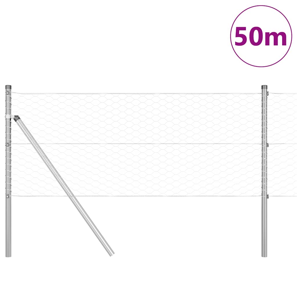 Žoga ar stabiem, sudraba, 0.6 x 50 m, ar PVC pārklājumu, tērauds