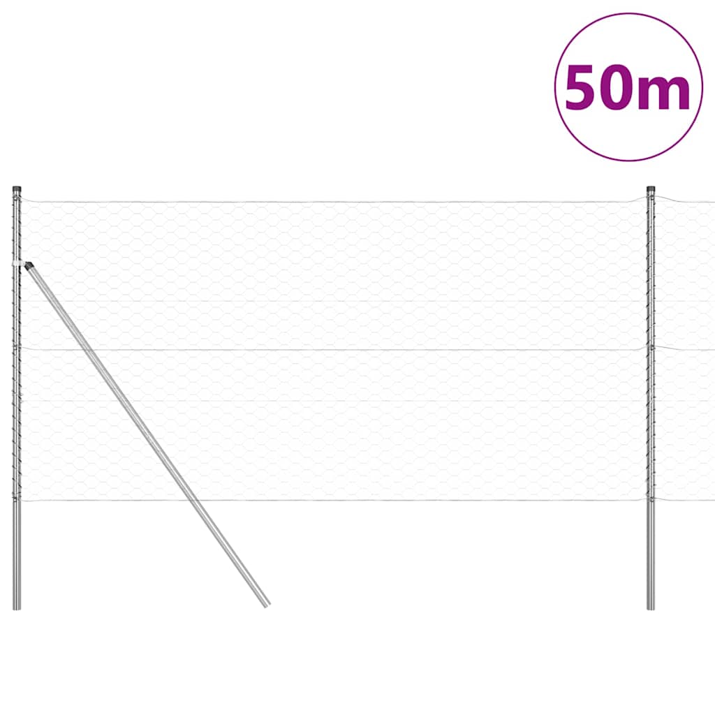 Žogu siets ar stabiem, sudraba, 1,4 x 50 m, ar PVC pārklājumu, tērauds