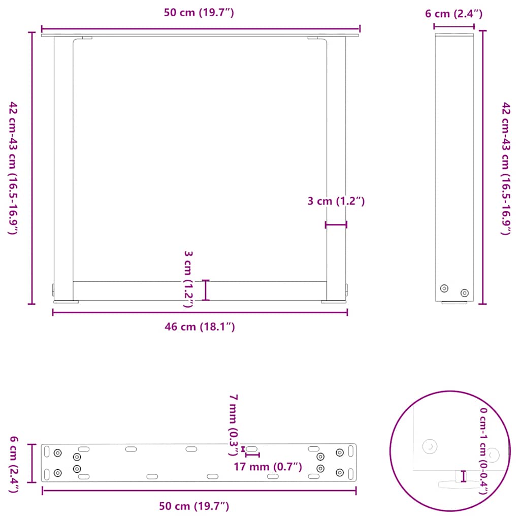 Coffee table legs, 2 pcs., white, 50x(42-43) cm, steel, U-shaped