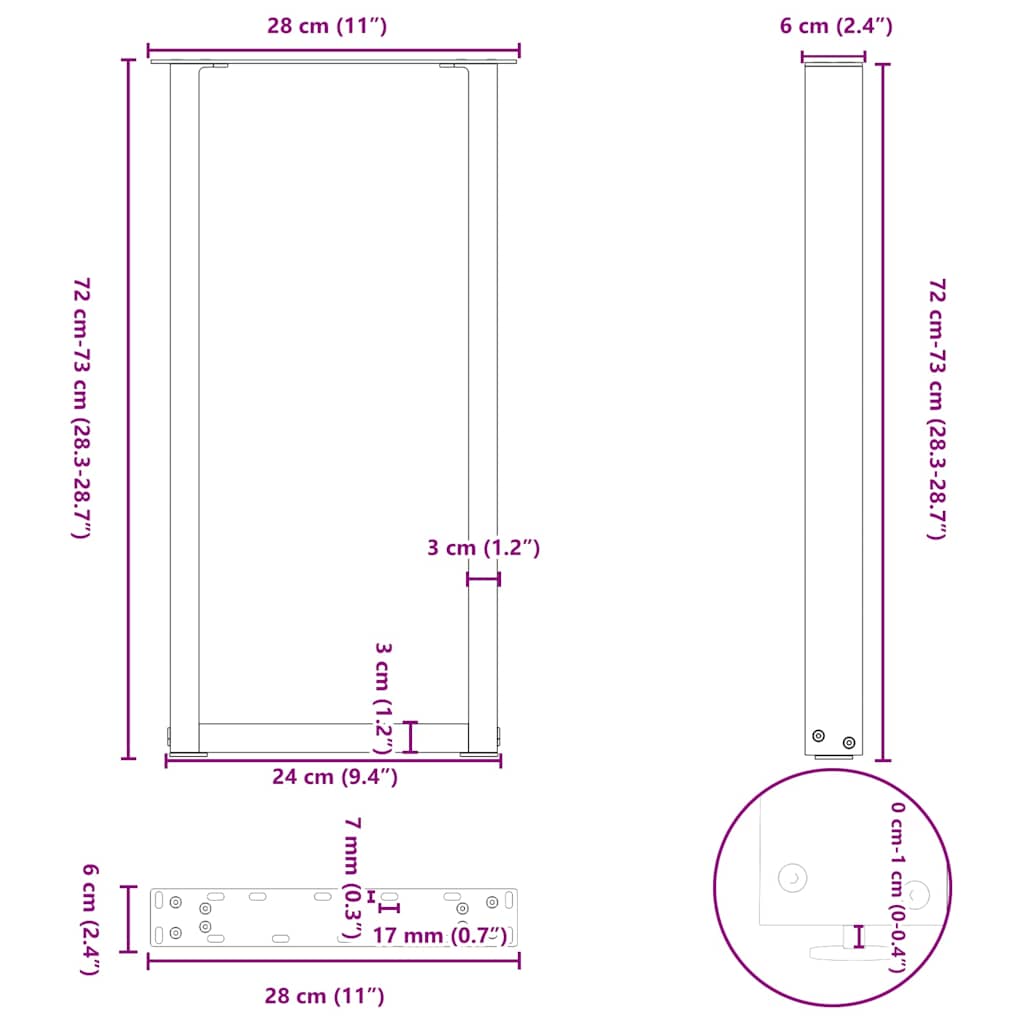 Konsolinio stalo kojelės, U formos, 2 vnt., juodos, 28x(72-73) cm, plienas
