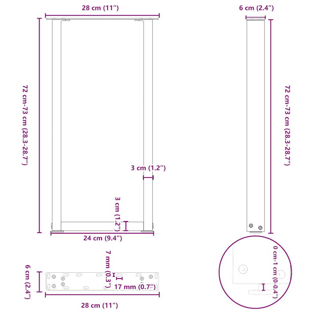 Konsolinio stalo kojelės, U formos, 2 vnt., antracito spalvos, 28x(72-73) cm, plienas