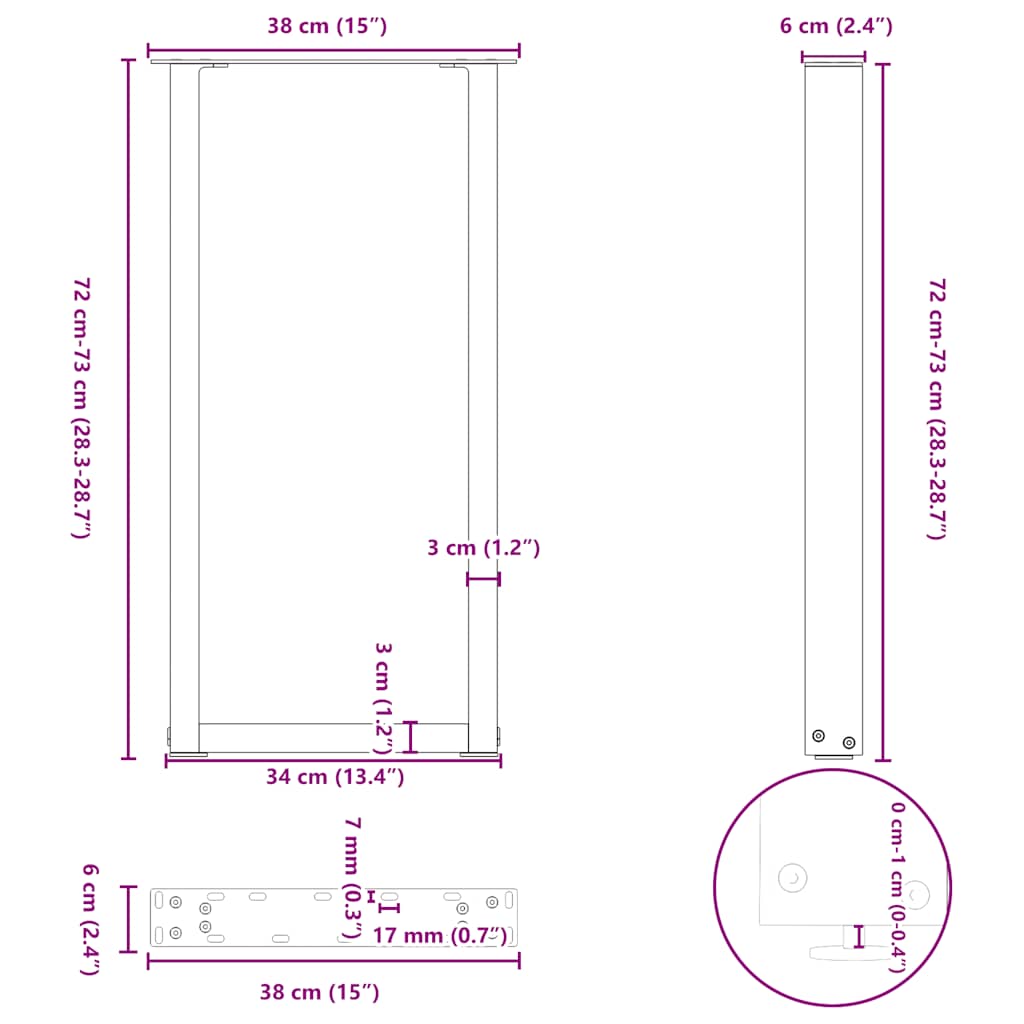 Konsolinio stalo kojos, U formos, 2 vnt., antracito spalvos, 38x(72-73) cm, plienas
