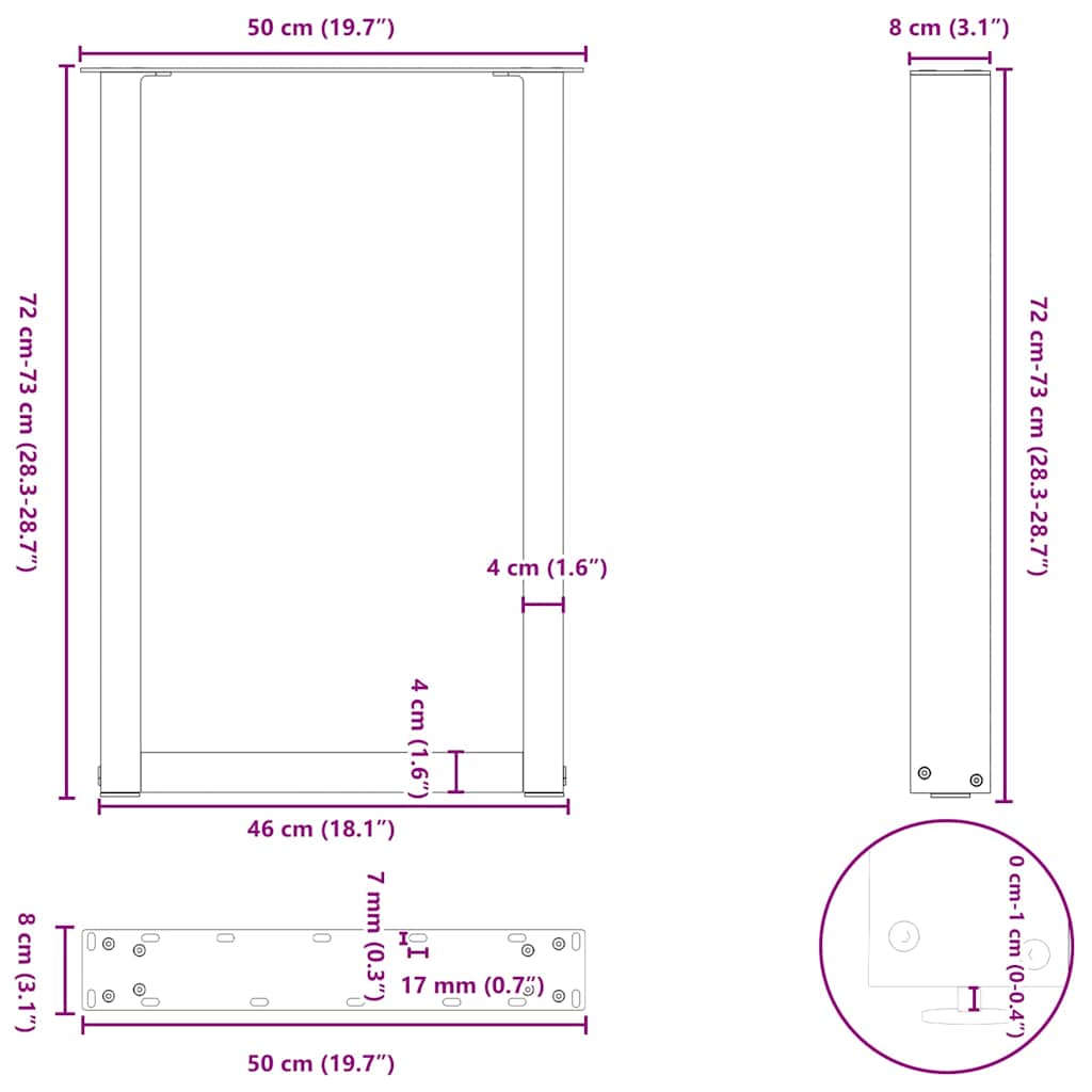 Valgomojo stalo kojos, U formos, 2 vnt., antracito spalvos, 50x(72-73) cm, plienas