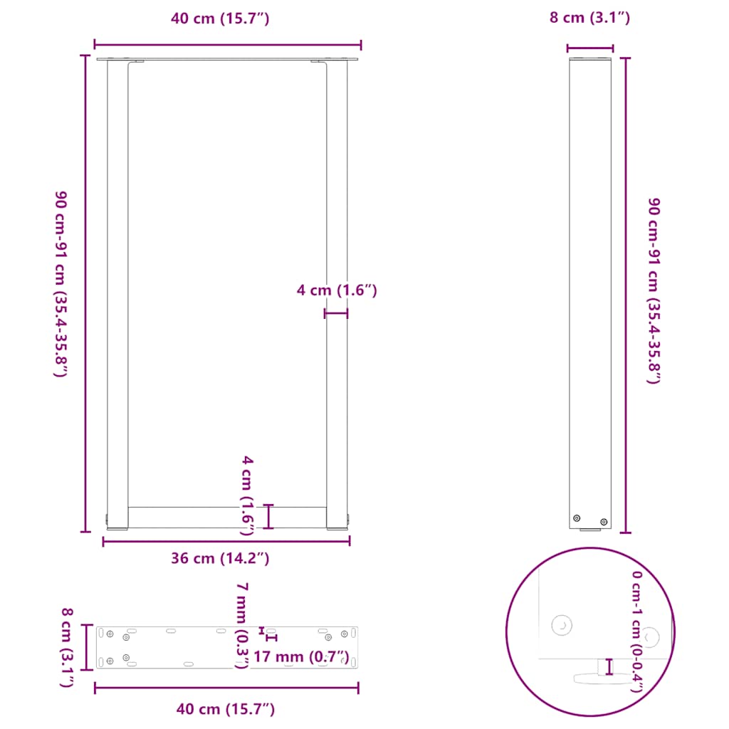 Baro stalo kojos, U formos, 2 vnt., baltos, 40x(90-91) cm, plienas