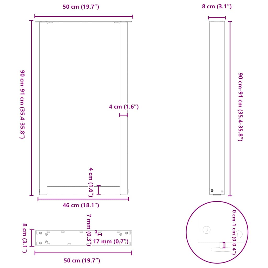 Baro stalo kojos, U formos, 2 vnt., antracito spalvos, 50x(90-91) cm, plienas