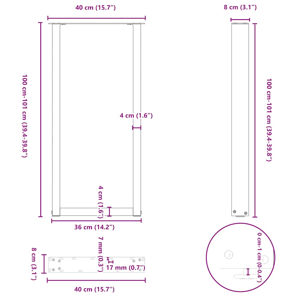 Baro stalo kojos, U formos, 2 vnt., baltos, 40x(100-101) cm, plienas