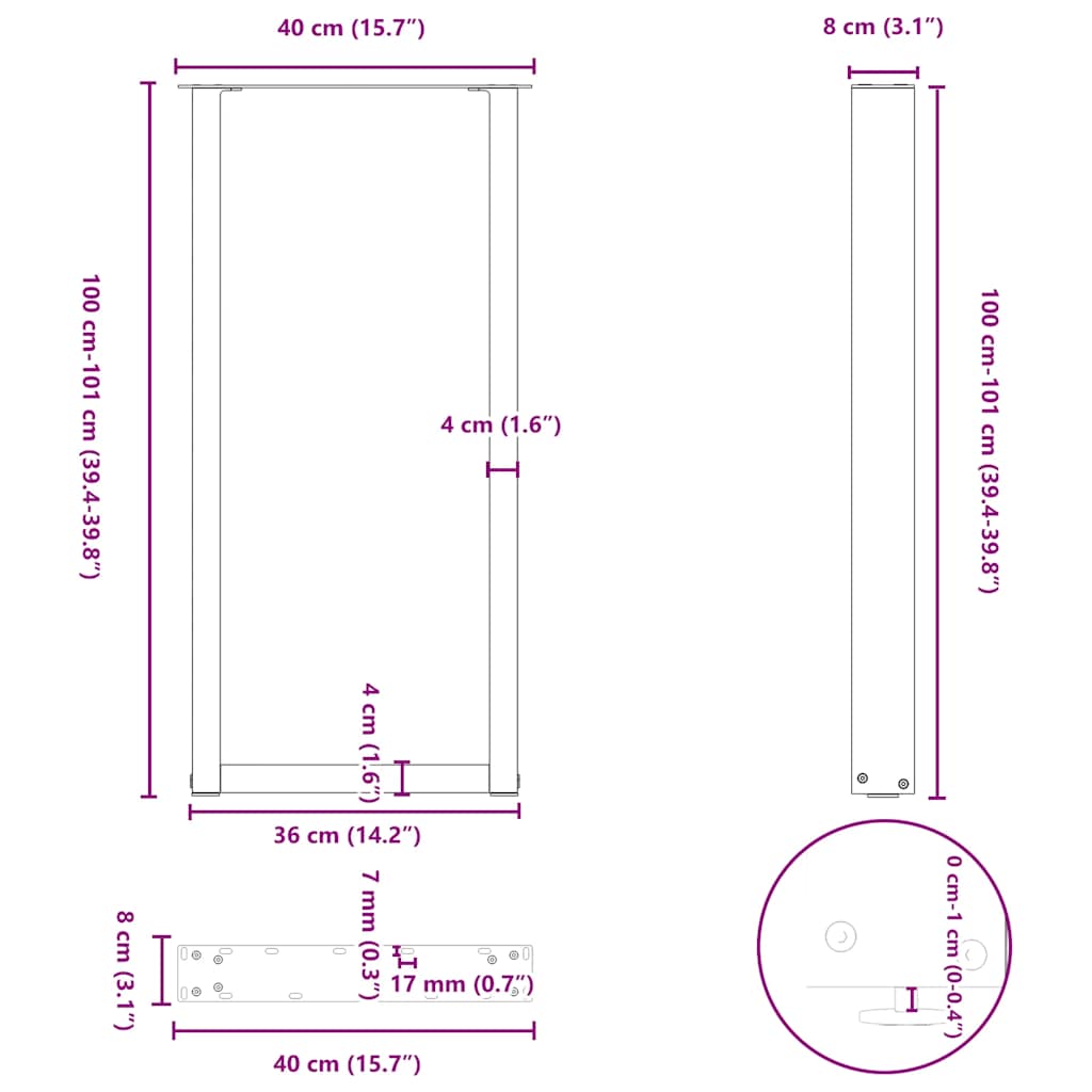 Bāra galda kājas, U veida, 2 gab., dabiskais tērauds, 40x(100-101) cm, tērauds