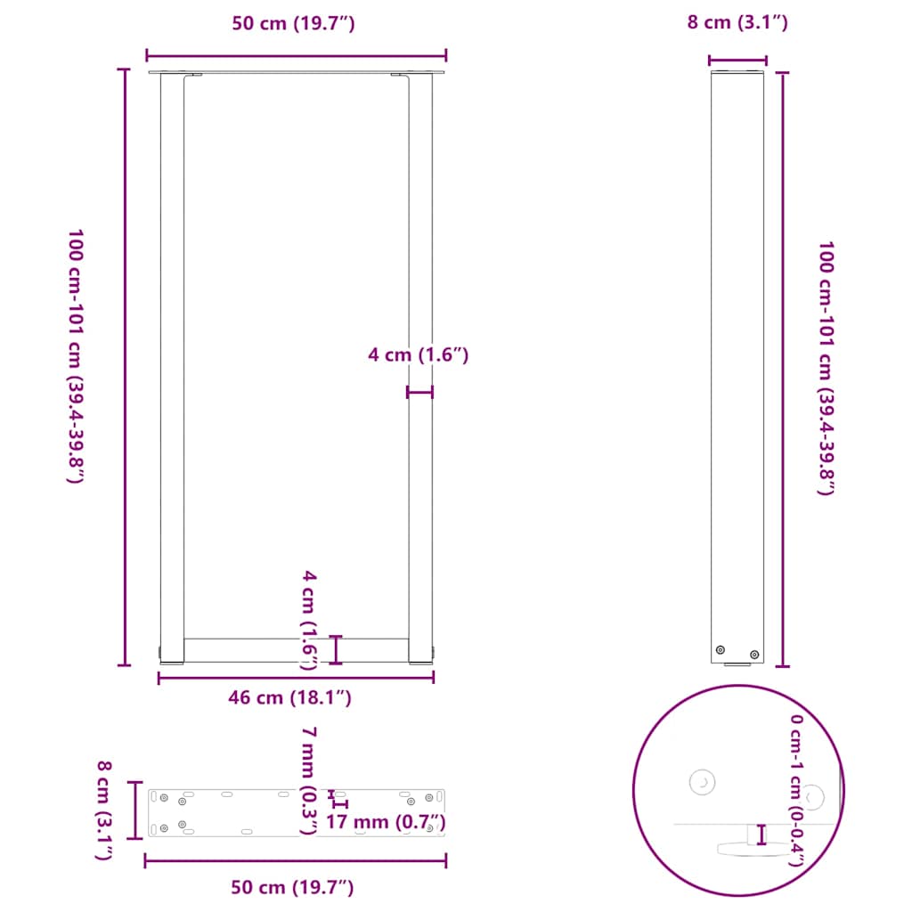 Baro stalo kojos, U formos, 2 vnt., juodos, 50x(100-101) cm, plienas