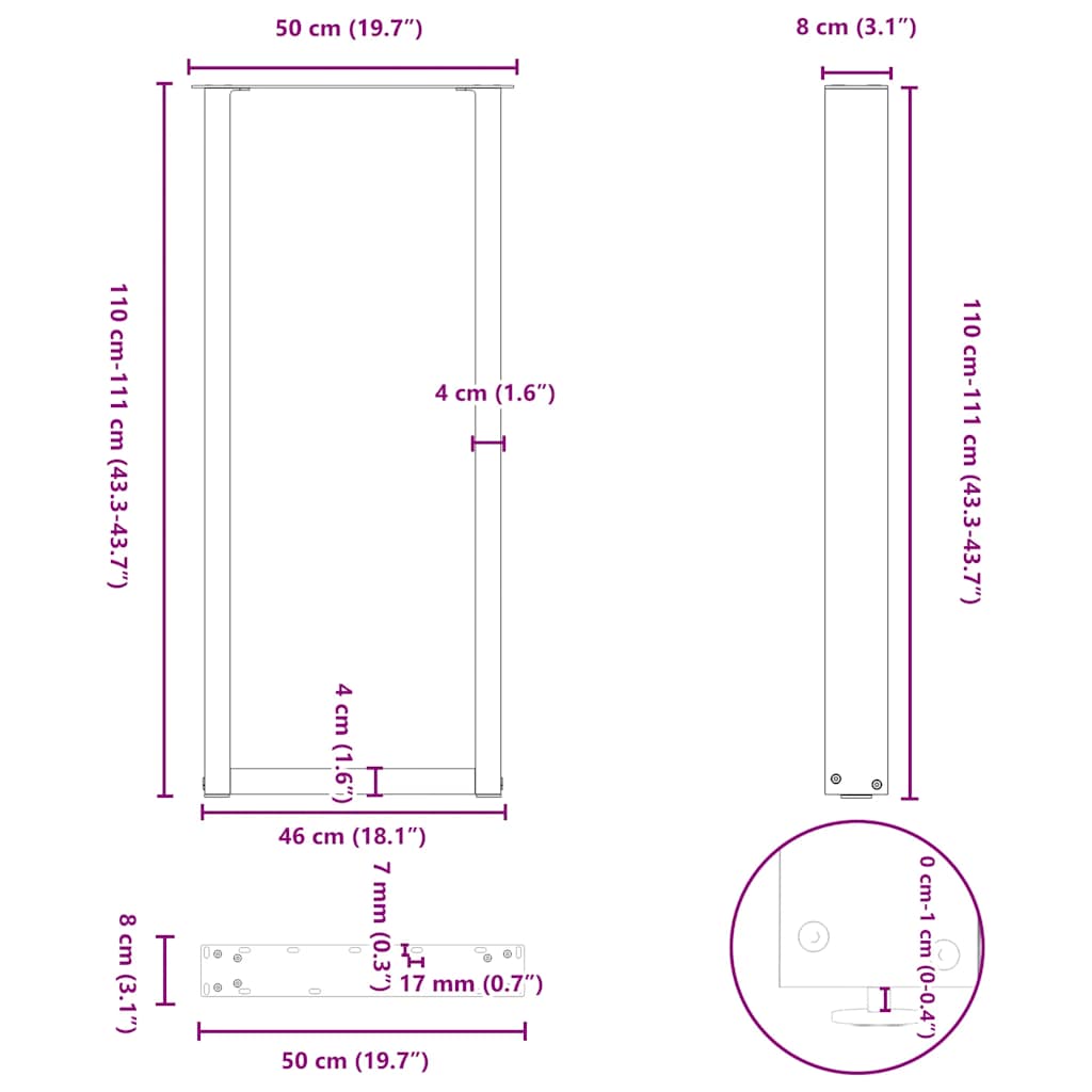 Baro stalo kojos, U formos, 2 vnt., baltos, 50x(110-111) cm, plienas