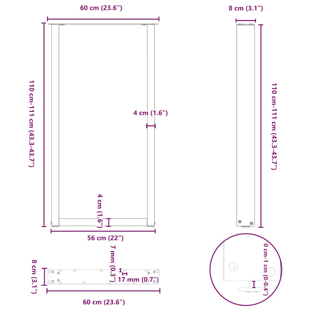 Bar Table Legs, U-shaped, 2 pcs, Anthracite, 60x(110-111) cm, Steel