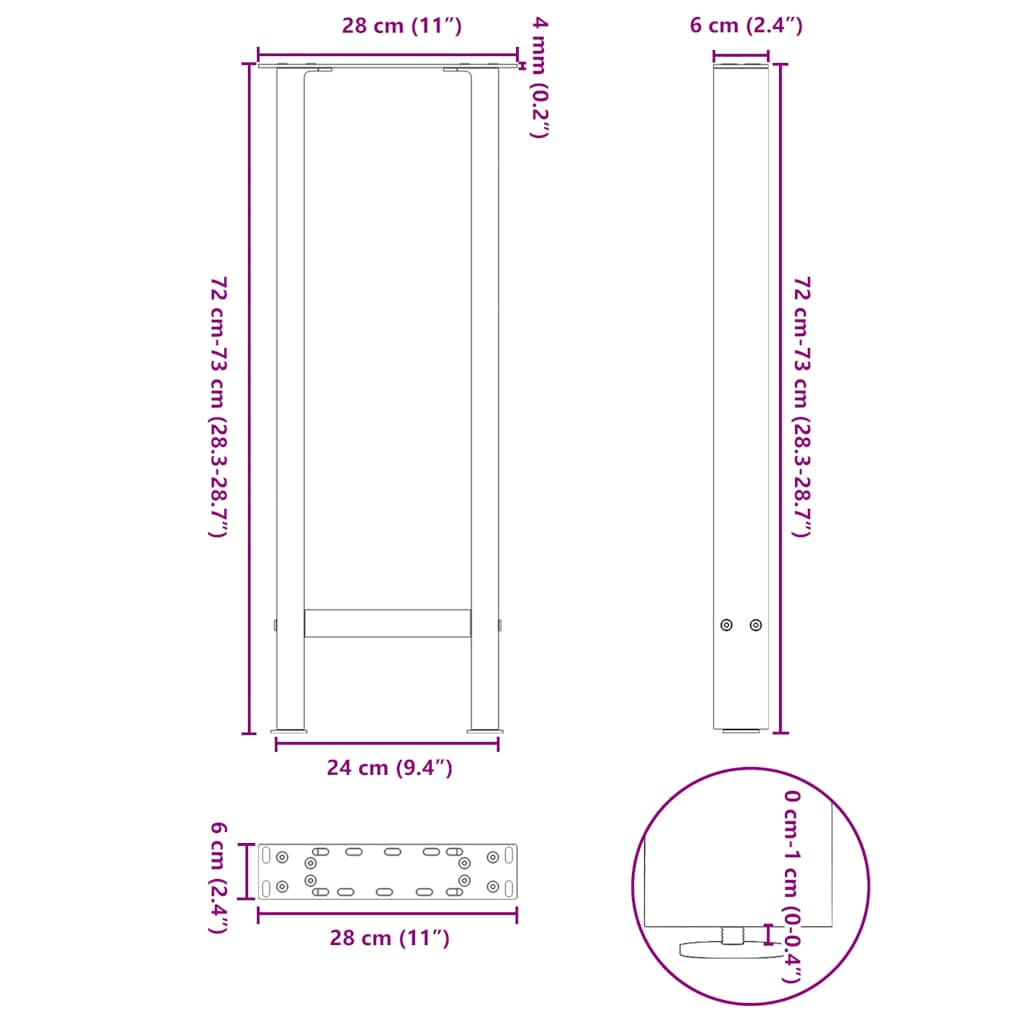 Konsolinio stalo kojos, juodos, 2 vnt., 28x(72-73) cm, plienas