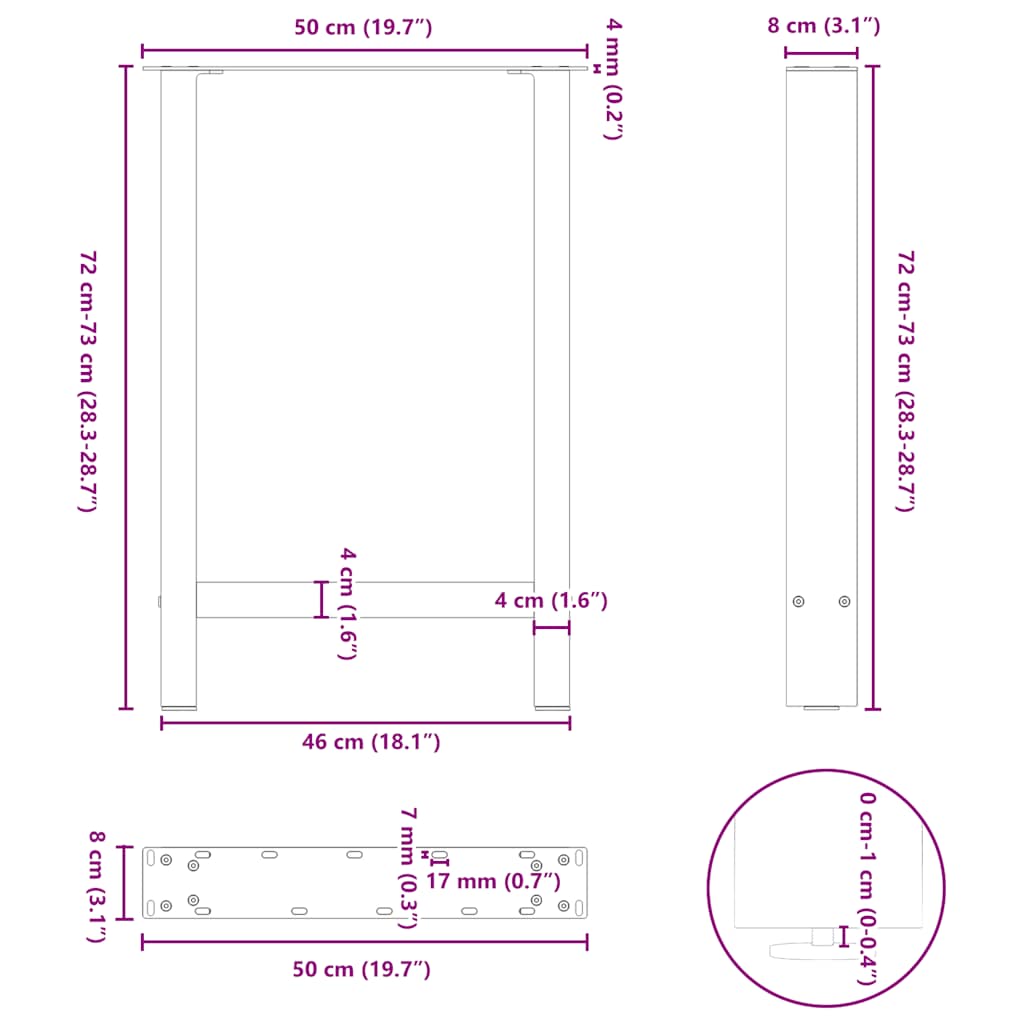 Dining table legs, anthracite, 2 pcs., 50x(72-73) cm, steel