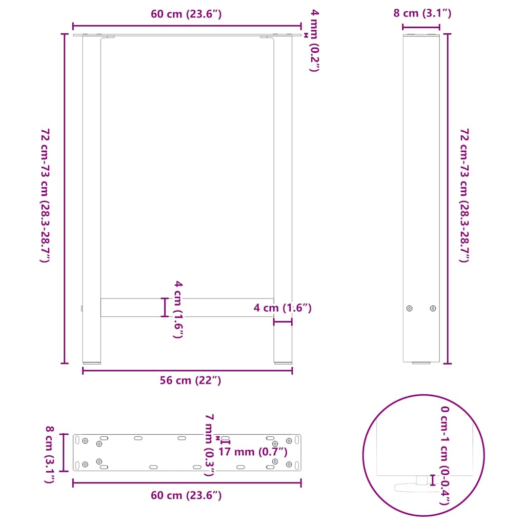 Valgomojo stalo kojos, baltos, 2 vnt., 60x(72-73) cm, plienas