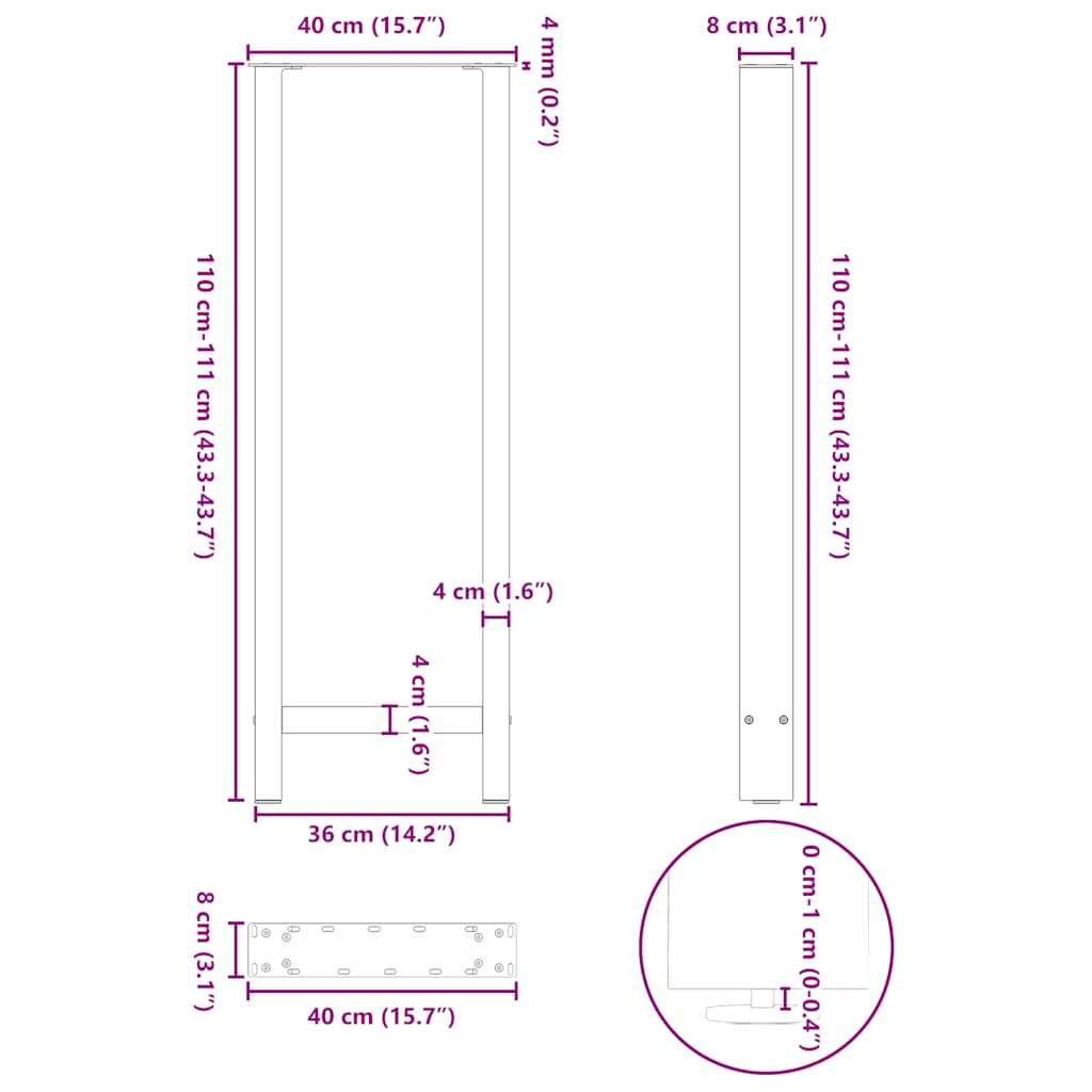 Baro stalo kojos, antracito spalvos, 2 vnt., 40x(110-111) cm, plienas
